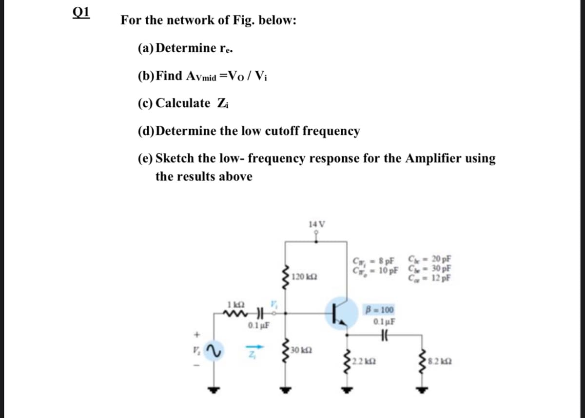 Q1
For the network of Fig. below:
(a) Determine re.
(b) Find Avmid =Vo/Vi
(c) Calculate Zi
(d)Determine the low cutoff frequency
(e) Sketch the low- frequency response for the Amplifier using
the results above
14 V
C, - 8 pF Ck = 20 pF
- 10 pF C- 30 pF
C- 12 pF
120 k
1 k2
B-100
0.1 uF
0.1 uF
30 k
22 k
8.2 k
