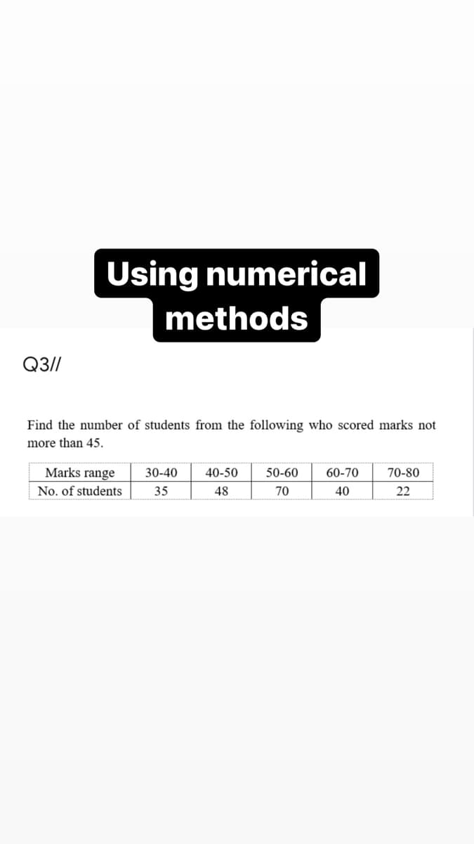 Using numerical
methods
Q3//
Find the number of students from the following who scored marks not
more than 45.
Marks range
30-40
40-50
50-60
60-70
70-80
No. of students
35
48
70
40
22
