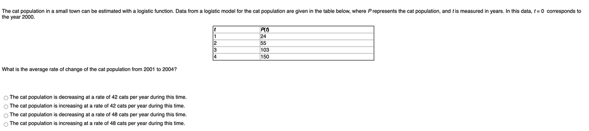 The cat population in a small town can be estimated with a logistic function. Data from a logistic model for the cat population are given in the table below, where P represents the cat population, and t is measured in years. In this data, t= 0 corresponds to
the year 2000.
P(t)
24
55
103
150
t
1
4
What is the average rate of change of the cat population from 2001 to 2004?
The cat population is decreasing at a rate of 42 cats per year during this time.
The cat population is increasing at a rate of 42 cats per year during this time.
The cat population is decreasing at a rate of 48 cats per year during this time.
The cat population is increasing at a rate of 48 cats per year during this time.
