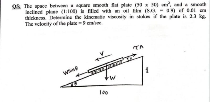 Q5: The space between a square smooth flat plate (50 x 50) cm², and a smooth
inclined plane (1:100) is filled with an oil film (S.G.= 0.9) of 0.01 cm
thickness. Determine the kinematic viscosity in stokes if the plate is 2.3 kg.
The velocity of the plate=9 cm/sec.
CA
wsing
8
VW
100
1