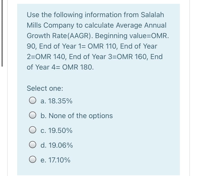 Use the following information from Salalah
Mills Company to calculate Average Annual
Growth Rate(AAGR). Beginning value=OMR.
90, End of Year 1= OMR 110, End of Year
2=OMR 140, End of Year 3=OMR 160, End
of Year 4= OMR 180.
Select one:
O a. 18.35%
O b. None of the options
O c. 19.50%
d. 19.06%
O e. 17.10%
