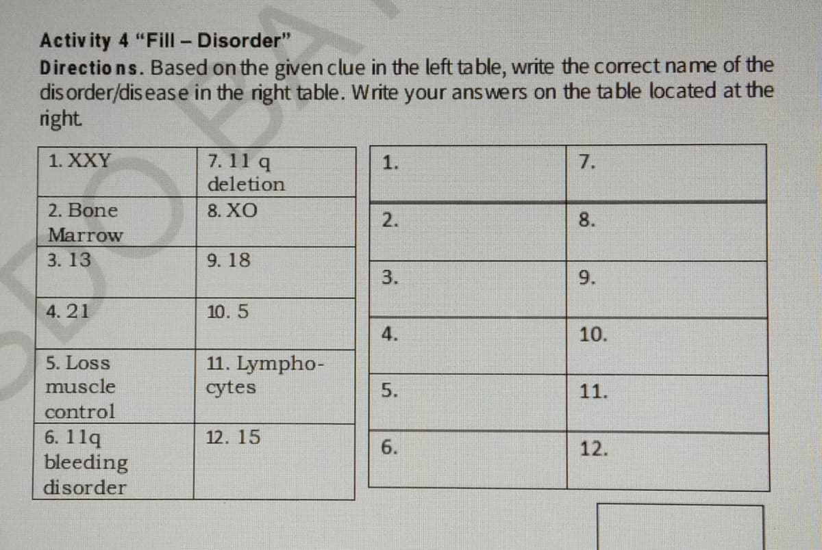Activ ity 4 "Fill – Disorder"
Directio ns. Based on the given clue in the left table, write the correct name of the
dis order/dis ease in the right table. Write your answers on the table located at the
right.
7. 11 q
deletion
1. XXY
1.
7.
2. Bone
8. XO
2.
8.
Marrow
3. 13
9.18
3.
9.
4. 21
10. 5
4.
10.
11. Lympho-
cytes
5. Loss
muscle
11.
control
6. 11q
bleeding
disorder
12. 15
12.
5.
6.
