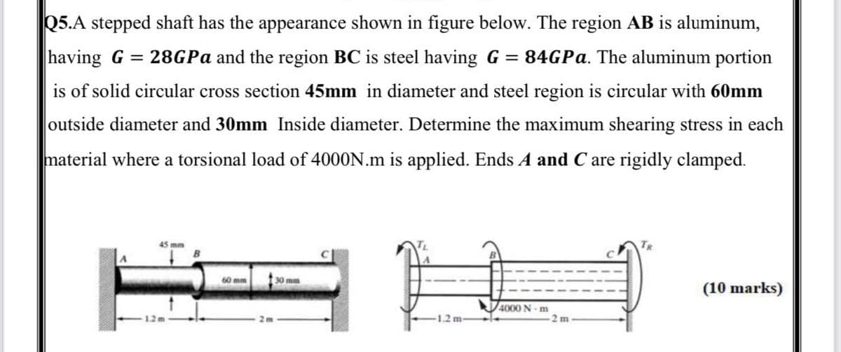 Q5.A stepped shaft has the appearance shown in figure below. The region AB is aluminum,
having G = 28GPA and the region BC is steel having G = 84GPA. The aluminum portion
is of solid circular cross section 45mm in diameter and steel region is circular with 60mm
outside diameter and 30mm Inside diameter. Determine the maximum shearing stress in each
material where a torsional load of 4000N.m is applied. Ends A and C are rigidly clamped.
45 mm
B
TR
60 mm
30 mm
(10 marks)
4000 N - m
2 m
12m
2m
1.2 m-
