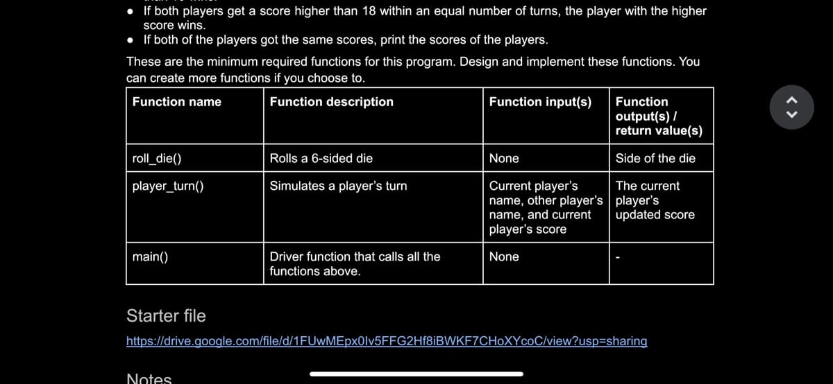 • If both players get a score higher than 18 within an equal number of turns, the player with the higher
score wins.
• If both of the players got the same scores, print the scores of the players.
These are the minimum required functions for this program. Design and implement these functions. You
can create more functions if you choose to.
Function name
Function description
roll_die()
player_turn()
main()
Starter file
Rolls a 6-sided die
Simulates a player's turn
Notes
Driver function that calls all the
functions above.
Function input(s)
None
Current player's
name, other player's
name, and current
player's score
None
Function
output(s)/
return value(s)
Side of the die
The current
player's
updated score
https://drive.google.com/file/d/1FUwMEpx0lv5FFG2Hf8iBWKF7CHOXYcoC/view?usp=sharing
<>