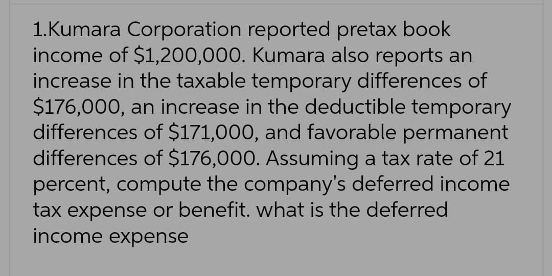 1.Kumara Corporation
reported pretax book
income of $1,200,000. Kumara also reports an
increase in the taxable temporary differences of
$176,000, an increase in the deductible temporary
differences of $171,000, and favorable permanent
differences of $176,000. Assuming a tax rate of 21
percent, compute the company's deferred income
tax expense or benefit. what is the deferred
income expense