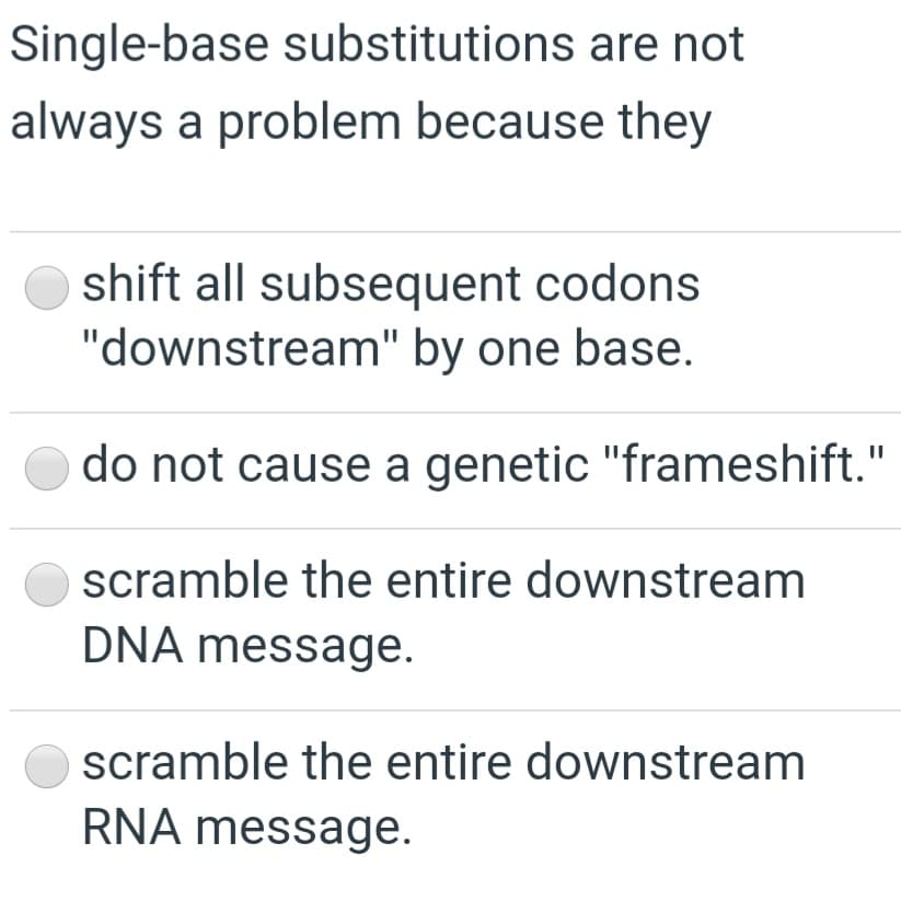 Single-base substitutions are not
always a problem because they
shift all subsequent codons
"downstream" by one base.
do not cause a genetic "frameshift.'
scramble the entire downstream
DNA message.
scramble the entire downstream
RNA message.
