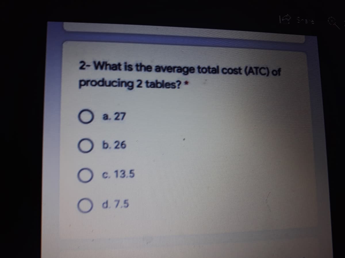 2-What is the average total cost (ATC) of
producing 2 tables? *
O a. 27
O b. 26
O c. 13.5
d. 7.5
