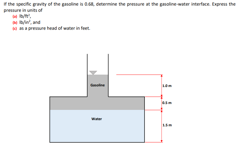 If the specific gravity of the gasoline is 0.68, determine the pressure at the gasoline-water interface. Express the
pressure in units of
(a) lb/ft²,
(b) lb/in², and
(c) as a pressure head of water in feet.
Gasoline
Water
1.0 m
0.5 m
1.5 m
