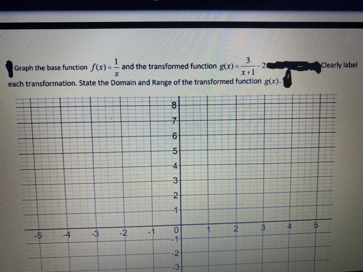 3
Graph the base function f(x) =
and the transformed function g(x)%=
20
Clearly label
X+1
each transformation. State the Domain and Range of the transformed function g(x).
8.
7
5
4
2
-5
-4
-3
-1
0.
4
2.
3.
2-
