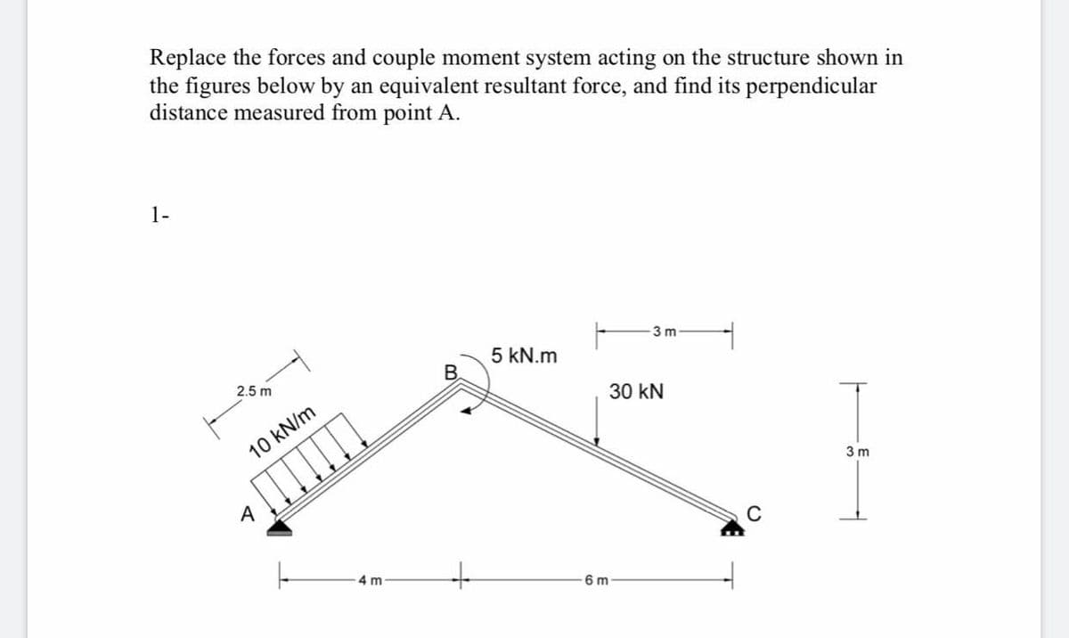 Replace the forces and couple moment system acting on the structure shown in
the figures below by an equivalent resultant force, and find its perpendicular
distance measured from point A.
1-
3 m
5 kN.m
2.5 m
30 kN
10 kN/m
3 m
A
4 m
6 m
