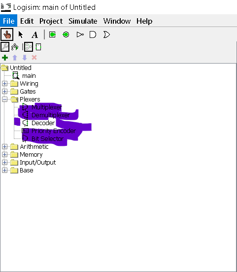 Logisim: main of Untitled
File Edit Project Simulate Window Help
ACO ▷ D D
····
・・・・・
Untitled
main
Wiring
Gates
Plexers
Multiplexer
Demultiplexer
Decoder
Gil Priority Encoder
Bit Selector
Arithmetic
Memory
Input/Output
Base