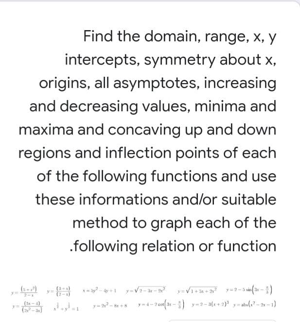 Find the domain, range, x, y
intercepts, symmetry about x,
origins, all asymptotes, increasing
and decreasing values, minima and
maxima and concaving up and down
regions and inflection points of each
of the following functions and use
these informations and/or suitable
method to graph each of the
.following relation or function
(3+2)
y-V2-ar - 2
y=VI++2 y= 2 -5 sin(3e -)
(S- 4)
y= 2- 8r +8
- 2 cot(dr -) y-2 –3(x+ 2) y= abs(? --1)
(22- ar)

