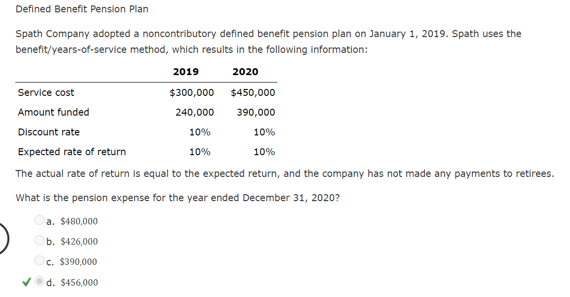 Defined Benefit Pension Plan
Spath Company adopted a noncontributory defined benefit pension plan on January 1, 2019. Spath uses the
benefit/years-of-service method, which results in the following information:
2019
2020
Service cost
$300,000
$450,000
Amount funded
240,000
390,000
Discount rate
10%
10%
Expected rate of return
10%
10%
The actual rate of return is equal to the expected return, and the company has not made any payments to retirees.
What is the pension expense for the year ended December 31, 2020?
a. $480,000
b. $426,000
c. $390,000
VOd. $456,000
