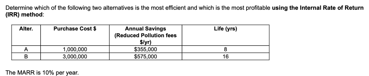 Determine which of the following two alternatives is the most efficient and which is the most profitable using the Internal Rate of Return
(IRR) method:
Purchase Cost $
Life (yrs)
Annual Savings
(Reduced Pollution fees
$/yr)
$355,000
$575,000
Alter.
1,000,000
3,000,000
16
The MARR is 10% per year.
