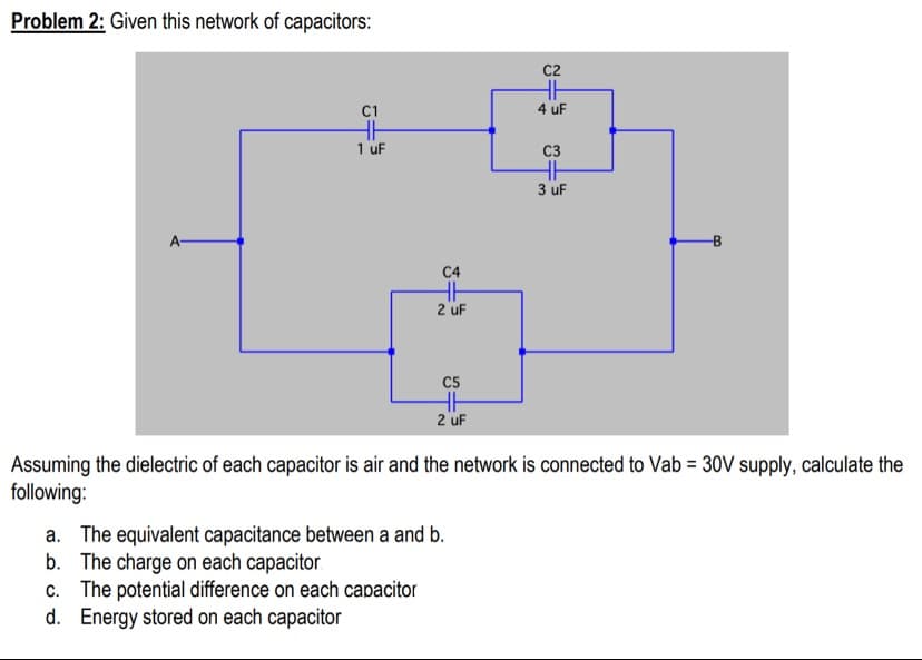 Problem 2: Given this network of capacitors:
C2
C1
4 uF
1 uF
C3
3 uF
C4
2 uF
C5
2 uF
Assuming the dielectric of each capacitor is air and the network is connected to Vab = 30V supply, calculate the
following:
a. The equivalent capacitance between a and b.
The charge on each capacitor
c. The potential difference on each capacitor
d. Energy stored on each capacitor
