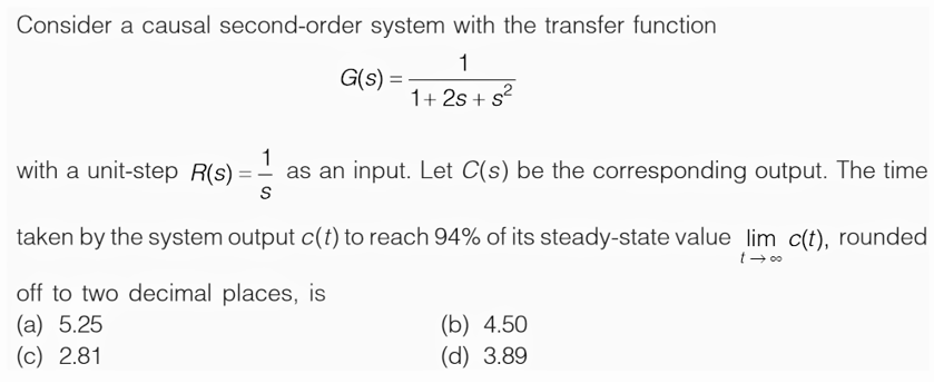 Consider a causal second-order system with the transfer function
1
G(s) =
1+2s+s²
1
with a unit-step R(s) = as an input. Let C(s) be the corresponding output. The time
S
taken by the system output c(t) to reach 94% of its steady-state value lim c(t), rounded
t→∞o
off to two decimal places, is
(a) 5.25
(c) 2.81
(b) 4.50
(d) 3.89