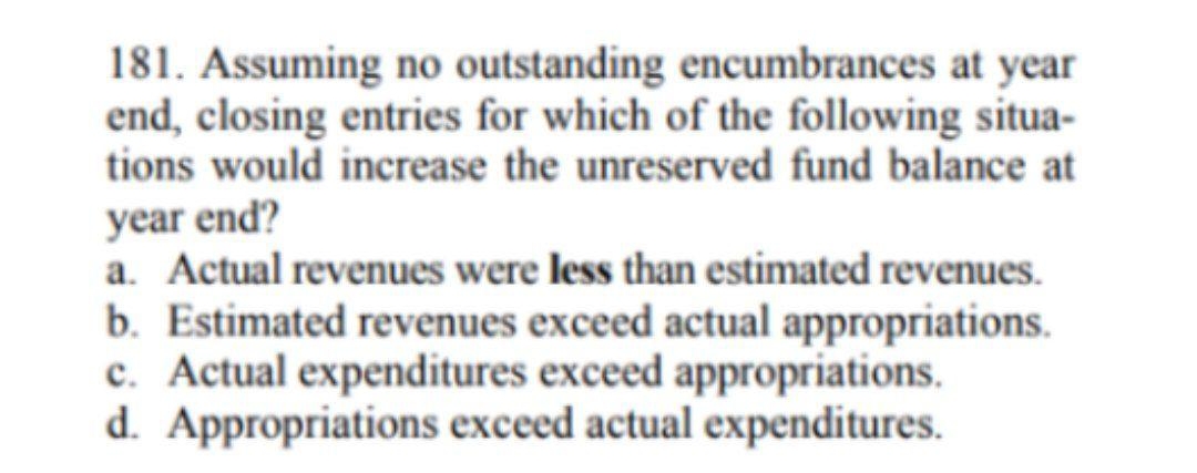 181. Assuming no outstanding encumbrances at year
end, closing entries for which of the following situa-
tions would increase the unreserved fund balance at
year end?
a. Actual revenues were less than estimated revenues.
b. Estimated revenues exceed actual appropriations.
c. Actual expenditures exceed appropriations.
d. Appropriations exceed actual expenditures.
