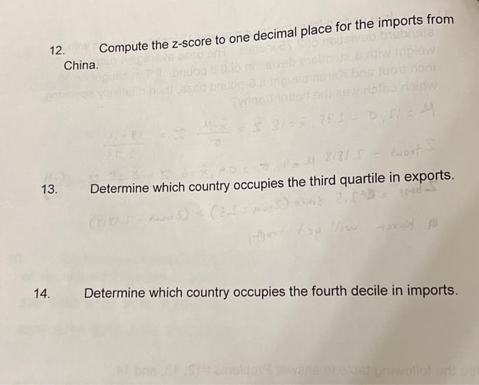 Compute the z-score to one decimal place for the imports from
onsle
ipiow
Juot roni
12.
China.
asw dotea riairdw
13.
Determine which country occupies the third quartile in exports.
14.
Determine which country occupies the fourth decile in imports.
bne Eh
wane ol oldslpniwoliol erl oul
ekie
