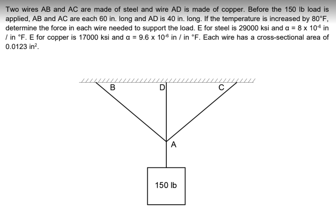 Two wires AB and AC are made of steel and wire AD is made of copper. Before the 150 lb load is
applied, AB and AC are each 60 in. long and AD is 40 in. long. If the temperature is increased by 80°F,
determine the force in each wire needed to support the load. E for steel is 29000 ksi and a = 8 x 10€ in
/ in °F. E for copper is 17000 ksi and a = 9.6 x 106 in / in °F. Each wire has a cross-sectional area of
0.0123 in?.
/////
D
A
150 lb
