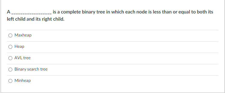 A
is a complete binary tree in which each node is less than or equal to both its
left child and its right child.
Maxheap
Неар
AVL tree
Binary search tree
Minheap

