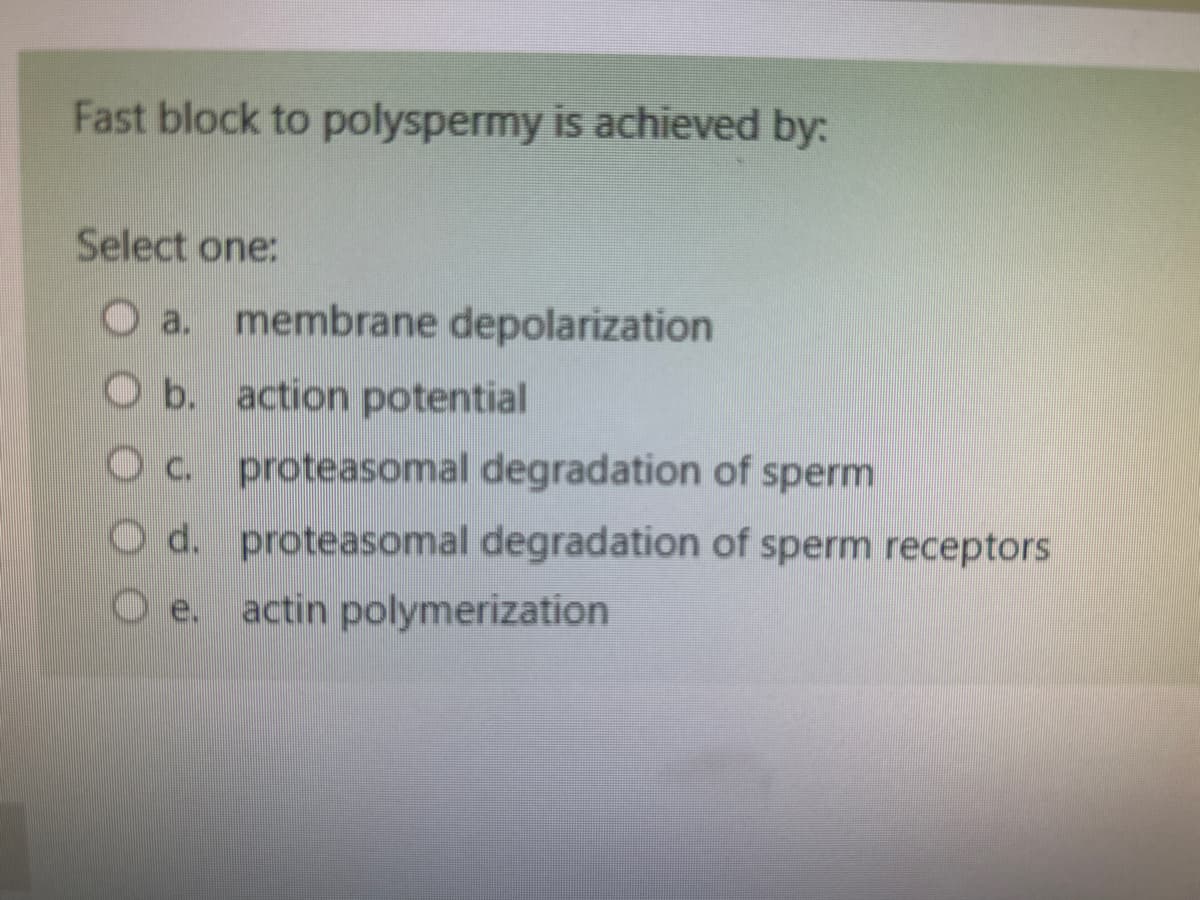 Fast block to polyspermy is achieved by:
Select one:
O a. membrane depolarization
O b. action potential
Oc. proteasomal degradation of sperm
Od. proteasomal degradation of sperm receptors
actin polymerization