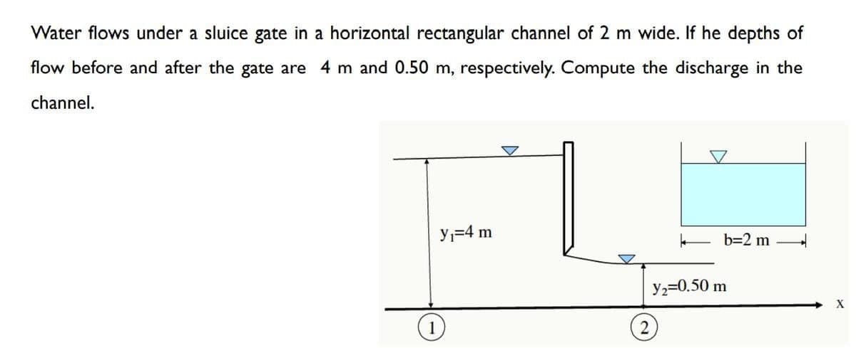 Water flows under a sluice gate in a horizontal rectangular channel of 2 m wide. If he depths of
flow before and after the gate are 4 m and 0.50 m, respectively. Compute the discharge in the
channel.
Y=4 m
b=2 m
У30.50 m
2)
