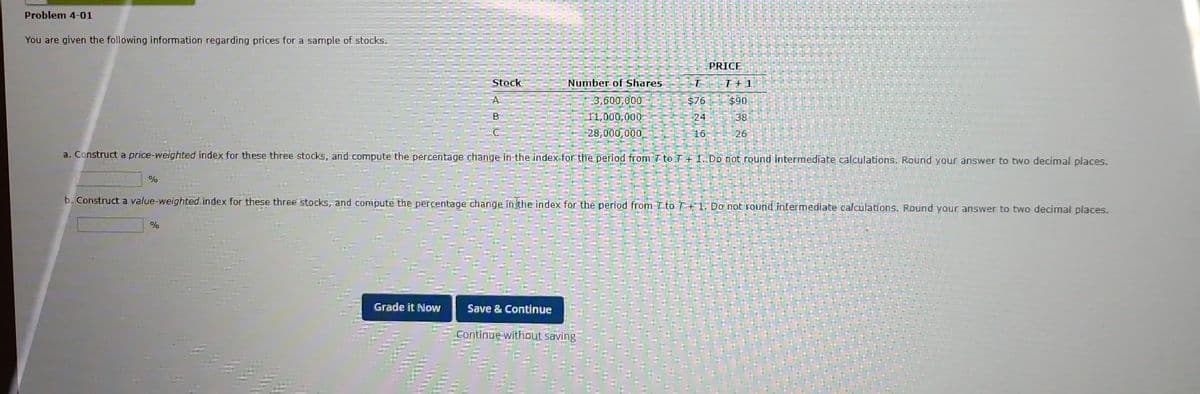 Problem 4-01
You are given the following information regarding prices for a sample of stocks.
%
Number of Shares
3,600,000
T
$76
24
11,000,000
28,000,000
16
a. Construct a price-weighted index for these three stocks, and compute the percentage change in the index for the period from 7 to 7+ 1. Do not round intermediate calculations. Round your answer to two decimal places.
Stock
A
B
%
Grade it Now
PRICE
b. Construct a value-weighted index for these three stocks, and compute the percentage change in the index for the period from 7 to T+1. Do not round intermediate calculations. Round your answer to two decimal places.
Save & Continue
Continue without saving
T + 1
$90
38
26