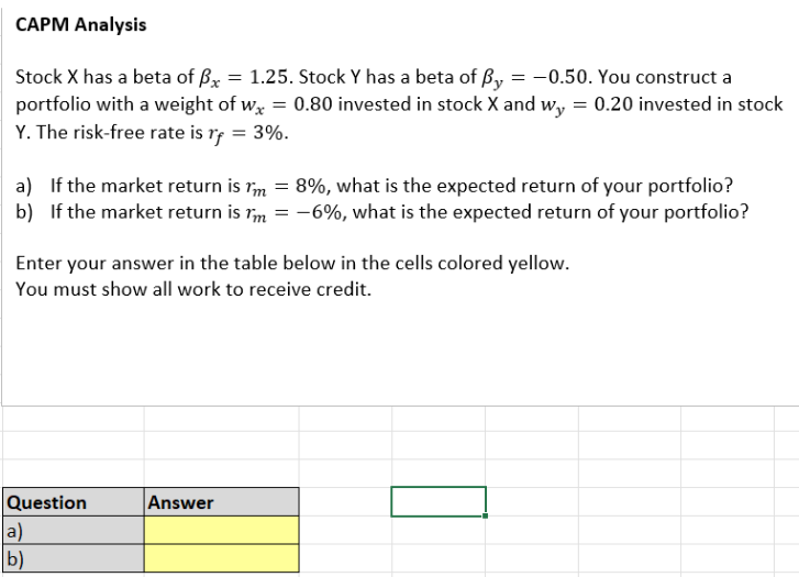 CAPM Analysis
= -0.50. You construct a
Stock X has a beta of x = 1.25. Stock Y has a beta of By
portfolio with a weight of wx = 0.80 invested in stock X and wy = 0.20 invested in stock
Y. The risk-free rate is rf = 3%.
a) If the market return is m = 8%, what is the expected return of your portfolio?
b) If the market return is 1m = -6%, what is the expected return of your portfolio?
Enter your answer in the table below in the cells colored yellow.
You must show all work to receive credit.
Question
a)
b)
Answer