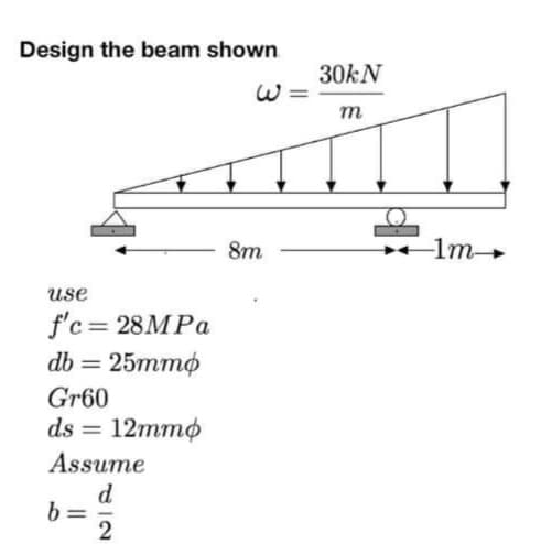 Design the beam shown
30KN
m
8m
-1m
use
f'c= 28MPA
db = 25mmø
Gr60
ds = 12mmø
%3D
Assume
d
