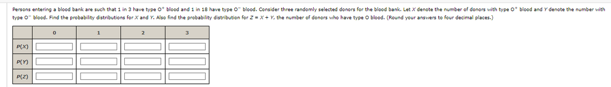 Persons entering a blood bank are such that 1 in 3 have type ot blood and 1 in 18 have type o blood. Consider three randomly selected donors for the blood bank. Let X denote the number of donors with type ot blood and Y denote the number with
type o blood. Find the probability distributions for X and Y. Also find the probability distribution for Z = X + Y, the number of donors who have type O blood. (Round your answers to four decimal places.)
1
2
P(X)
P(Y)
P(Z)
