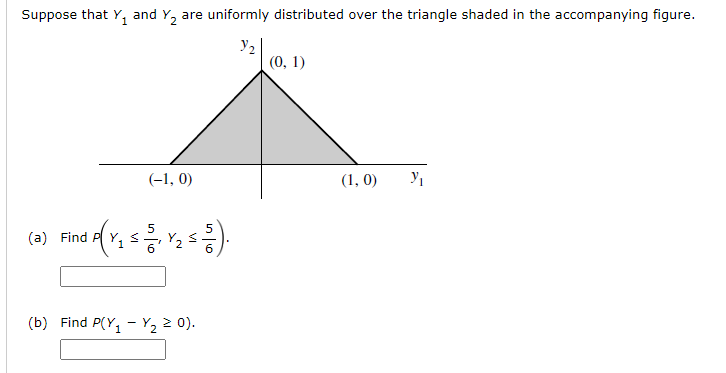 Suppose that Y, and Y, are uniformly distributed over the triangle shaded in the accompanying figure.
Y2
(0, 1)
(-1, 0)
(1, 0)
(a) Find P Y, s.
Y2
(b) Find P(Y, - Y2 2 0).
