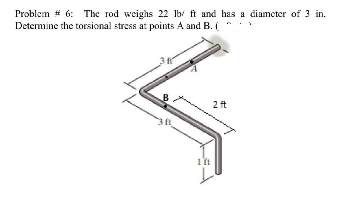 Problem #6: The rod weighs 22 lb/ ft and has a diameter of 3 in.
Determine the torsional stress at points A and B. (^_^
B
1 'ft
2 ft
