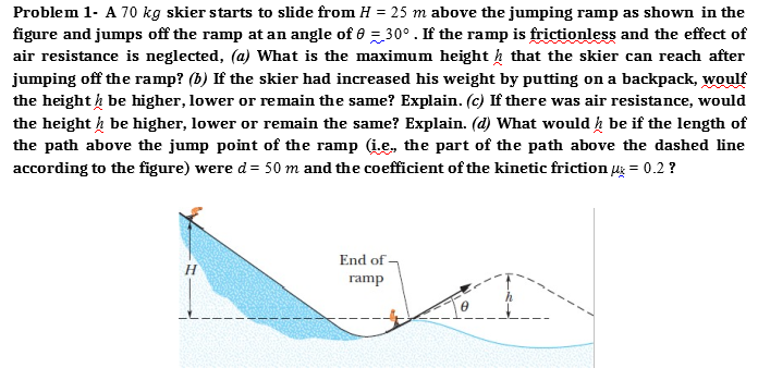 Problem 1- A 70 kg skier starts to slide from H = 25 m above the jumping ramp as shown in the
figure and jumps off the ramp at an angle of 0 = 30° . If the ramp is frictionless and the effect of
air resistance is neglected, (a) What is the maximum height k that the skier can reach after
jumping off the ramp? (b) If the skier had increased his weight by putting on a backpack, woulf
the height h be higher, lower or remain the same? Explain. (c) If there was air resistance, would
the height h be higher, lower or remain the same? Explain. (d) What would h be if the length of
the path above the jump point of the ramp (i.e, the part of the path above the dashed line
according to the figure) were d = 50 m and the coefficient of the kinetic friction uz = 0.2 ?
End of
ramp
