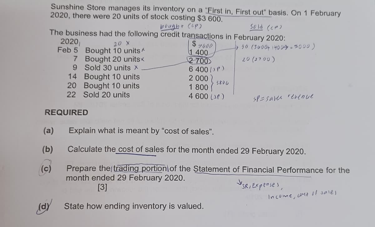 Sunshine Store manages its inventory on a "First in, First out" basis. On 1 February
2020, there were 20 units of stock costing $3 600.
bought (up)
Sold (CP)
The business had the following credit transactions in February 2020:
(a)
(b)
(c)
2020₁
(d)
Feb 5
7
9
20 X
Bought 10 units
Bought 20 unitsx
Sold 30 units X
REQUIRED
14
20
22 Sold 20 units
Bought 10 units
Bought 10 units
$
1 400
2-700
6 400 (JP)
2 000
7400
3800
1 800
4 600 (sr)
30 (3600+ 1400.5000)
20 (2700)
SP-saver revenue
Explain what is meant by "cost of sales".
Calculate the cost of sales for the month ended 29 February 2020.
Prepare the trading portion of the Statement of Financial Performance for the
month ended 29 February 2020.
VsriExpenses,
[3]
State how ending inventory is valued.
Income, cost of sales