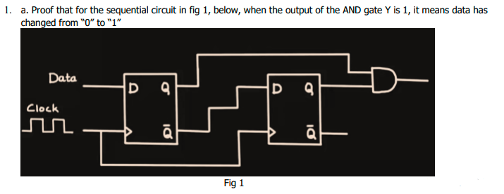 1. a. Proof that for the sequential circuit in fig 1, below, when the output of the AND gate Y is 1, it means data has
changed from "0" to "1"
Data
D
D
Clock
Fig 1

