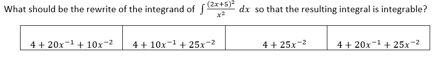 What should be the rewrite of the integrand ofSAS dx so that the resulting integral is integrable?
(2x+5)2
x2
4 + 20x-1 + 10x-2
4 + 10x-1 + 25x-2
4 + 25x-2
4 + 20x-1 + 25x-2
