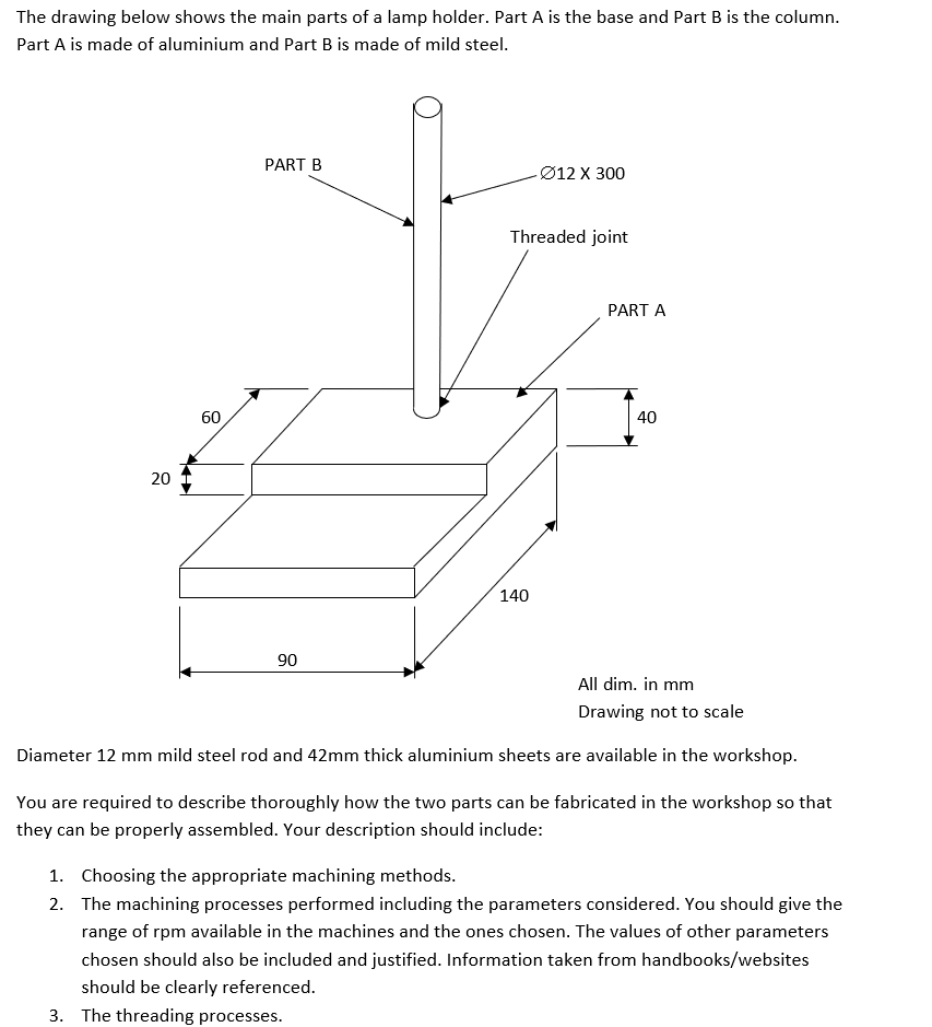 You are required to describe thoroughly how the two parts can be fabricated in the workshop so that
they can be properly assembled. Your description should include:
