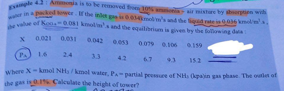 air mixture by absorption with
Example 4.2: Ammonia is to be removed from 10% ammonia-
water in a packed tower. If the inlet gas is 0.034kmol/m's and the liquid rate is 0.036 kmol/m¹.s,
the value of Koaa = 0.081 kmol/m³.s and the equilibrium is given by the following data :
X 0.021
0.159
6.7 9.3 15.2
Where X-kmol NH3/kmol water, PA = partial pressure of NH3 (kpa)in gas phase. The outlet of
the gas is 0.1%. Calculate the height of tower?
PA
0.031 0.042 0.053 0.079 0.106
1.6
2.4
3.3
4.2