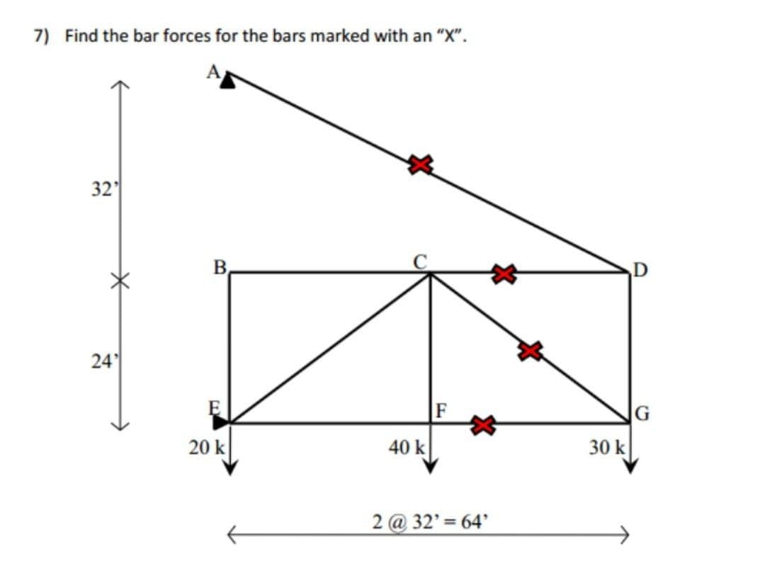 7) Find the bar forces for the bars marked with an "X".
A
32
B,
24
20 k
40 k
30 k
2 @ 32' = 64'
