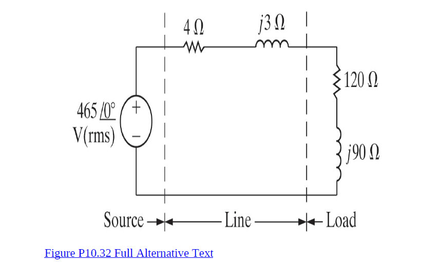 13Ω 1
{120 0
465 /0° (+
V(rms)
190Ω
Source
- Line
* Load
Figure P10.32 Full Alternative Text

