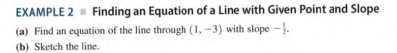 EXAMPLE 2 Finding an Equation of a Line with Given Point and Slope
(a) Find an equation of the line through (1, -3) with slope -.
(b) Sketch the line.
