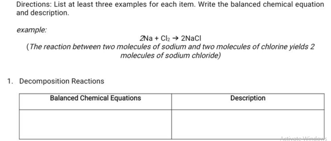 Directions: List at least three examples for each item. Write the balanced chemical equation
and description.
example:
2Na + Cl2 → 2NaCI
(The reaction between two molecules of sodium and two molecules of chlorine yields 2
molecules of sodium chloride)
1. Decomposition Reactions
Balanced Chemical Equations
Description
Activato Window
