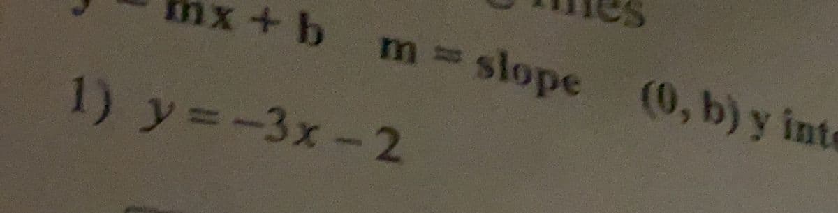 nx+b
m=slope (0, b) y inte
1) y=-3x-2
