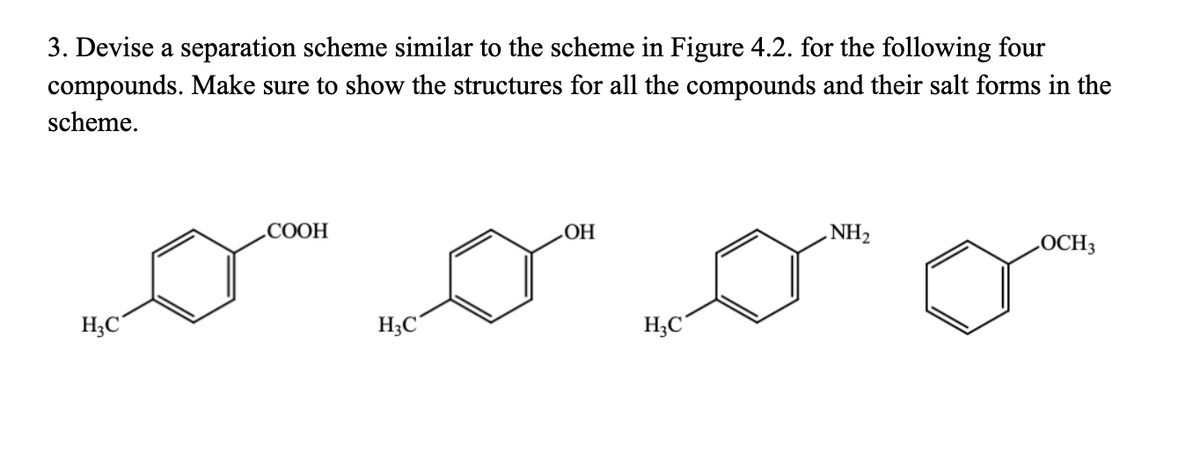 3. Devise a separation scheme similar to the scheme in Figure 4.2. for the following four
compounds. Make sure to show the structures for all the compounds and their salt forms in the
scheme.
.COOH
LOH
NH2
LOCH3
H;C°
H3C
H;C´
