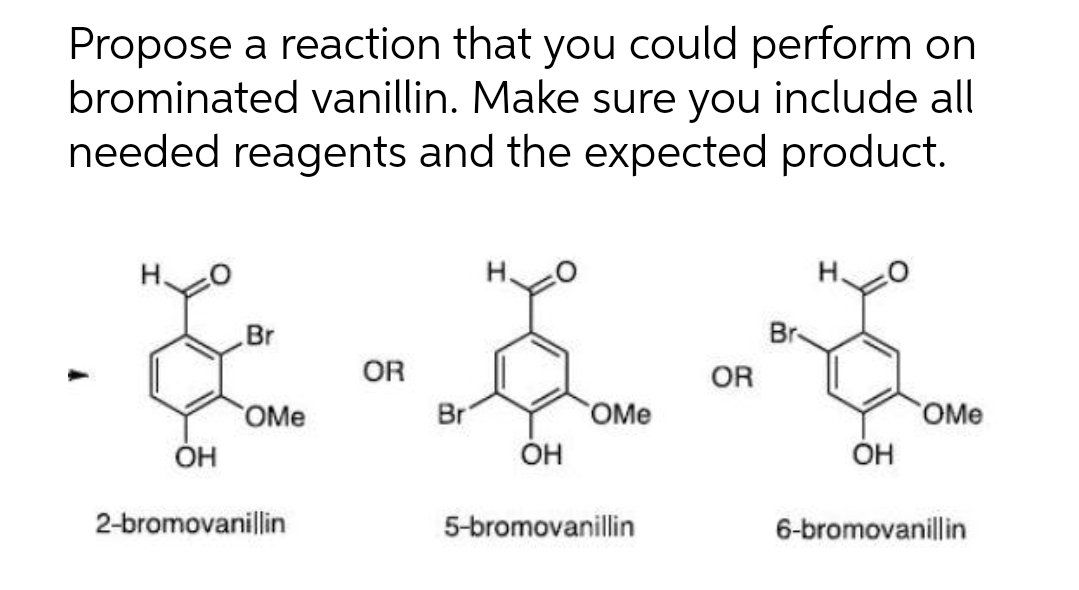 Propose a reaction that you could perform on
brominated vanillin. Make sure you include all
needed reagents and the expected product.
H.
Br
Br
OR
OR
OMe
Br
OMe
OMe
OH
OH
ÓH
2-bromovanillin
5-bromovanillin
6-bromovanillin
