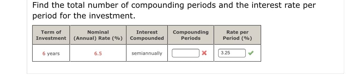 Find the total number of compounding periods and the interest rate per
period for the investment.
Term of
Nominal
Interest
Compounding
Periods
Rate per
Investment
(Annual) Rate (%)
Compounded
Period (%)
6 years
6.5
semiannually
3.25
