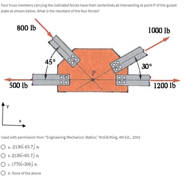 Four truss members carrying the indicated forces have their centerlines all intersecting at point P of the gusset
plate as shown below. What is the resultant of the four forces?
800 lb
500 lb
y
45°
P
Used with permission from "Engineering Mechanics: Statics," McGill/King, 4th Ed., 2003
O a.-21301-65.73 lb
O b. 2130i+65.73 lb
O c. 1770²+3003 lb
O d. None of the above
1000 lb
30°
1200 lb