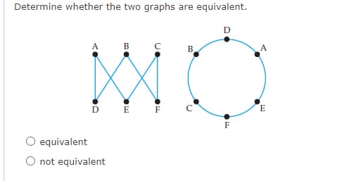 Determine whether the two graphs are equivalent.
A
в с B
D E F
equivalent
O not equivalent
D
F
A
E