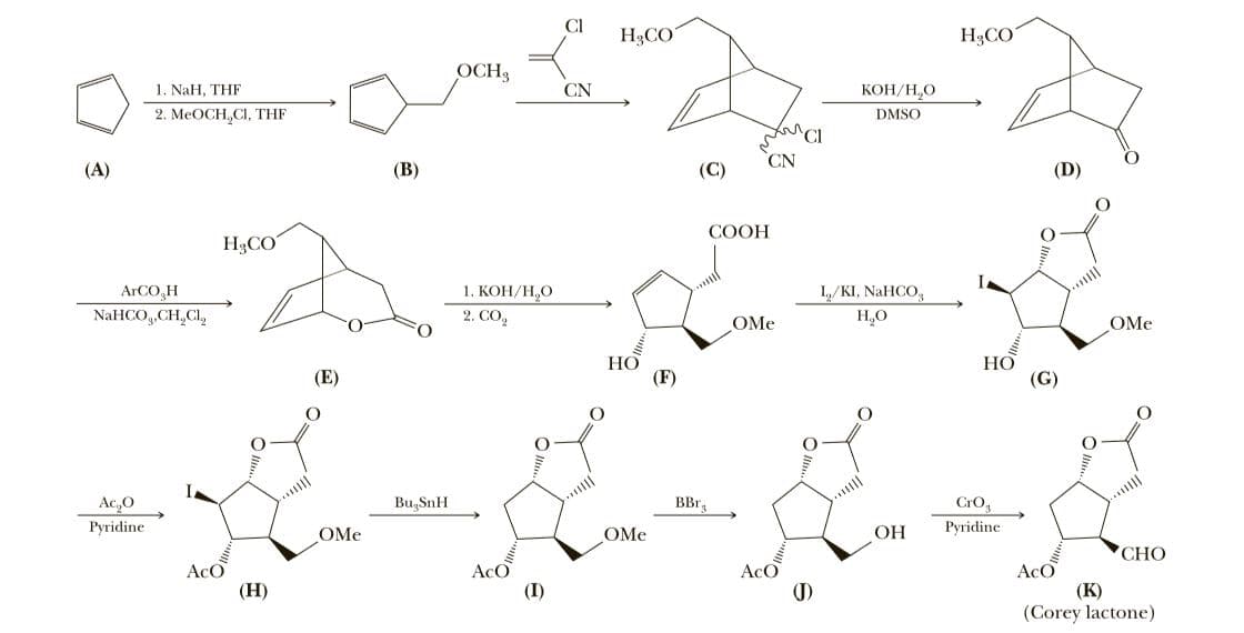 CI
H3CO
H3CO
OCH,
1. NaH, THF
CN
КОН/Н,О
2. MEOCH,CI, THF
DMSO
(A)
(В)
(C)
ČN
(D)
COOH
H3CO
ARCO,H
1. КОН/Н,О
L/KI, NaHCO,
NaHCO,,CH,CI,
2. CO,
OMe
H,O
OMe
НО
(F)
НО
(G)
(E)
Ac,O
Pyridine
BugSnH
BBr,
CrO,
Pyridine
OMe
OMe
ОН
СНО
AcO
(H)
AcO
(I)
AcO
(J)
AcO
(К)
(Corey lactone)
