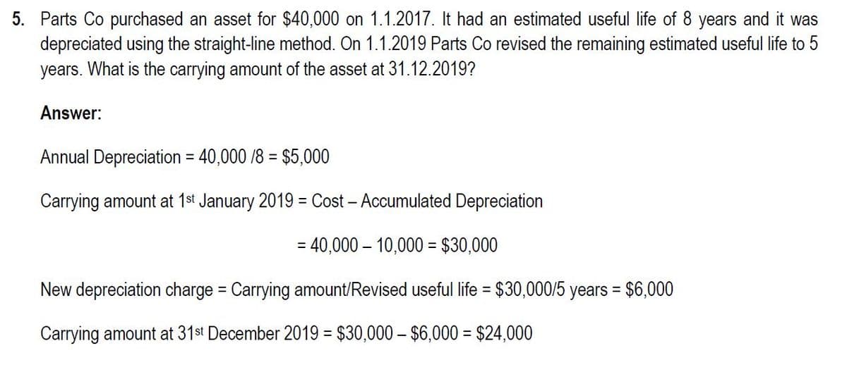 5. Parts Co purchased an asset for $40,000 on 1.1.2017. It had an estimated useful life of 8 years and it was
depreciated using the straight-line method. On 1.1.2019 Parts Co revised the remaining estimated useful life to 5
years. What is the carrying amount of the asset at 31.12.2019?
Answer:
Annual Depreciation = 40,000 /8 = $5,000
Carrying amount at 1st January 2019 = Cost - Accumulated Depreciation
= 40,000 - 10,000 = $30,000
New depreciation charge = Carrying amount/Revised useful life = $30,000/5 years = $6,000
Carrying amount at 31st December 2019 = $30,000 - $6,000 = $24,000